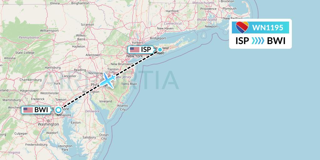 WN1195 Southwest Airlines Flight Map: Islip to Baltimore