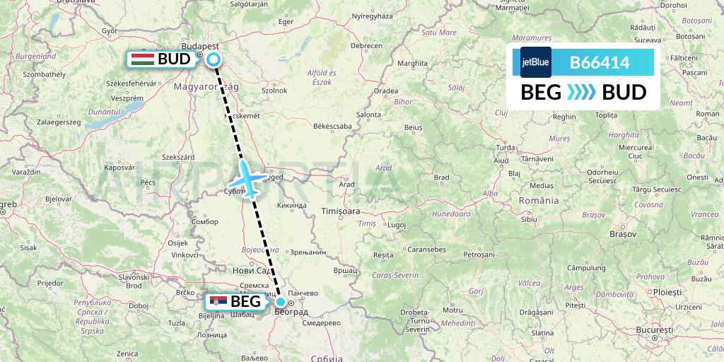 B66414 JetBlue Airways Flight Map: Belgrade to Budapest