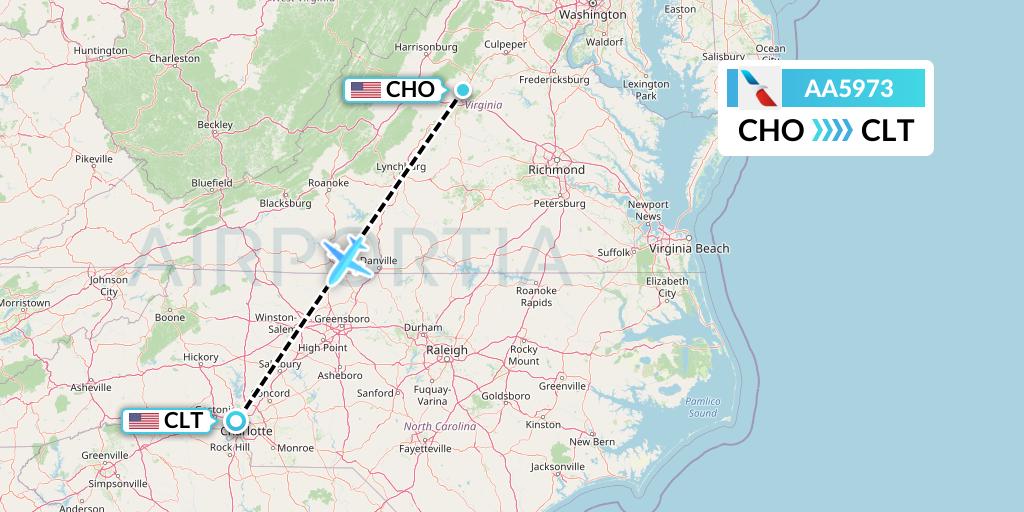 AA5973 American Airlines Flight Map: Charlottesville to Charlotte