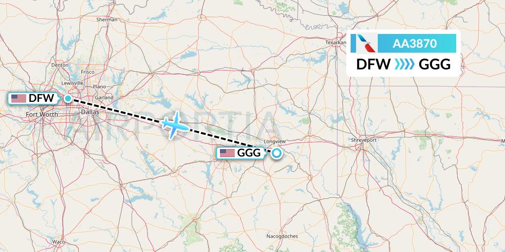 AA3870 American Airlines Flight Map: Dallas to Longview
