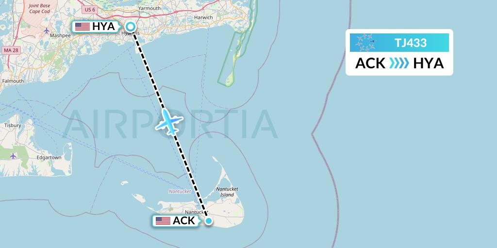 TJ433 Tradewind Aviation Flight Map: Nantucket to Hyannis