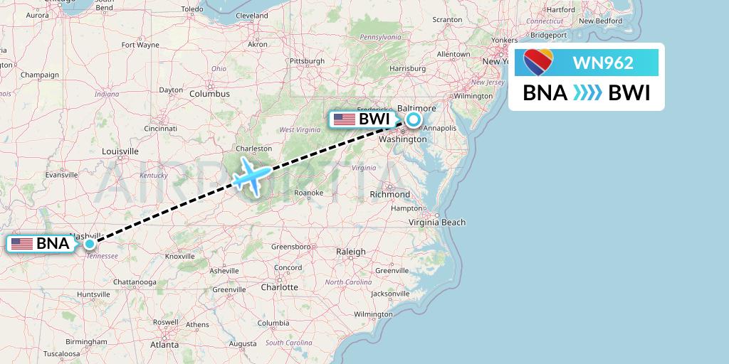 WN962 Southwest Airlines Flight Map: Nashville to Baltimore