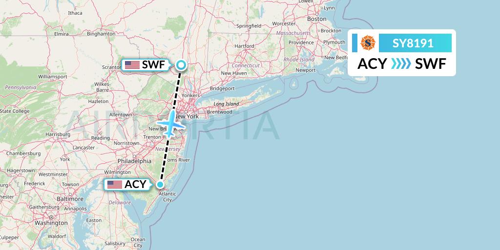 SY8191 Sun Country Airlines Flight Map: Atlantic City to Newburgh