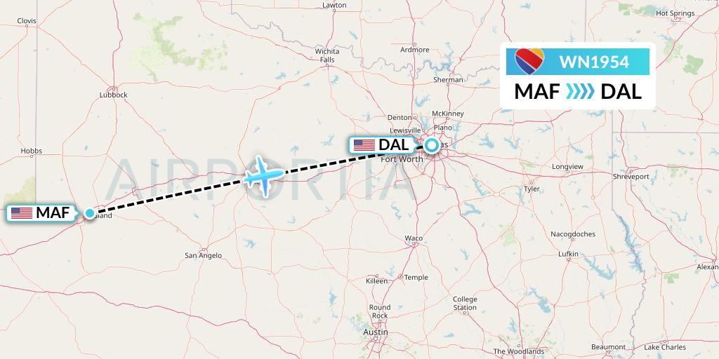 WN1954 Southwest Airlines Flight Map: Midland to Dallas