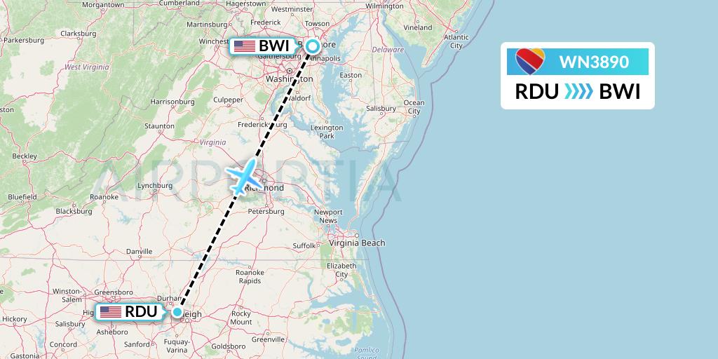 WN3890 Southwest Airlines Flight Map: Raleigh-Durham to Baltimore