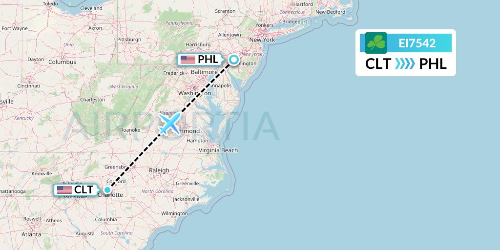 EI7542 Aer Lingus Flight Map: Charlotte to Philadelphia