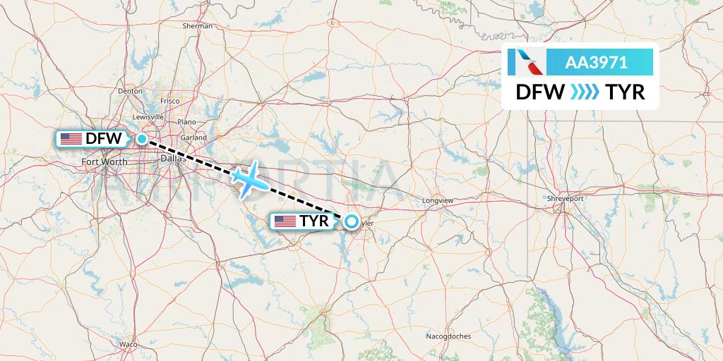 AA3971 American Airlines Flight Map: Dallas to Tyler