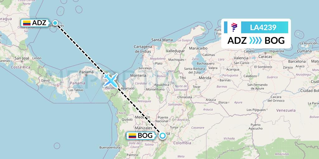 LA4239 LAN Airlines Flight Map: San Andres Island to Bogota