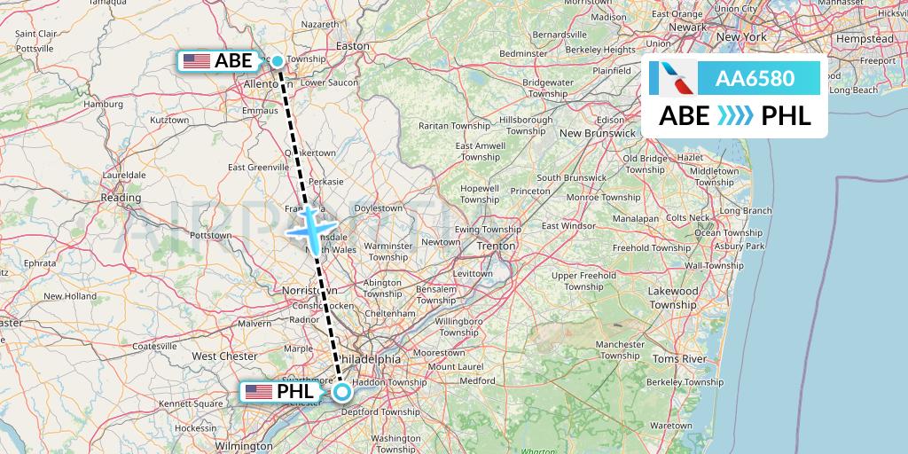AA6580 American Airlines Flight Map: Allentown to Philadelphia