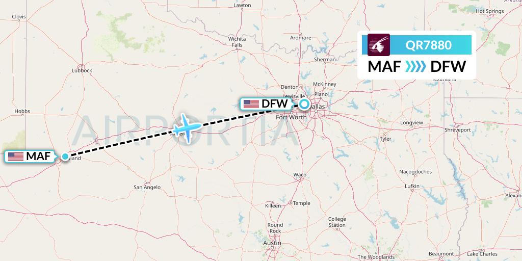 QR7880 Qatar Airways Flight Map: Midland to Dallas