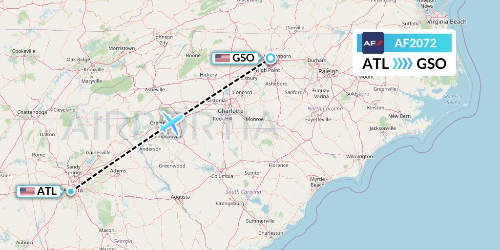 AF2072 Air France Flight Map: Atlanta to Greensboro