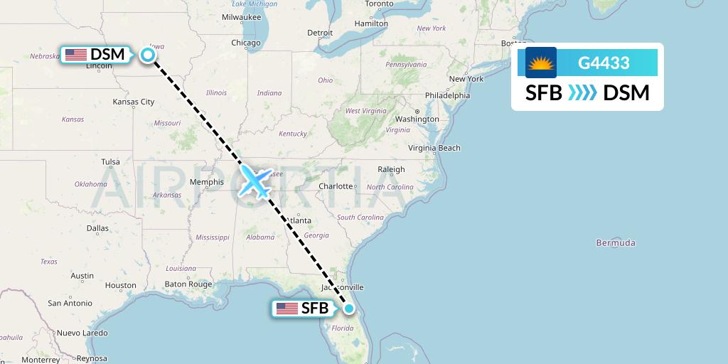 G4433 Allegiant Air Flight Map: Orlando to Des Moines