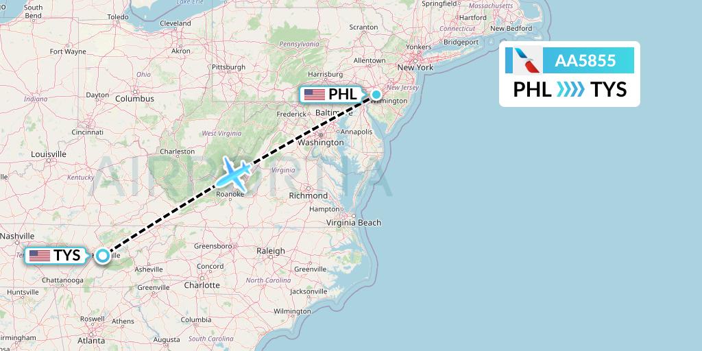 AA5855 American Airlines Flight Map: Philadelphia to Knoxville