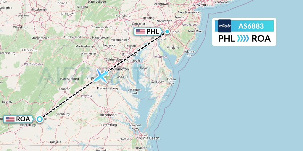 AS6883 Alaska Airlines Flight Map: Philadelphia to Roanoke
