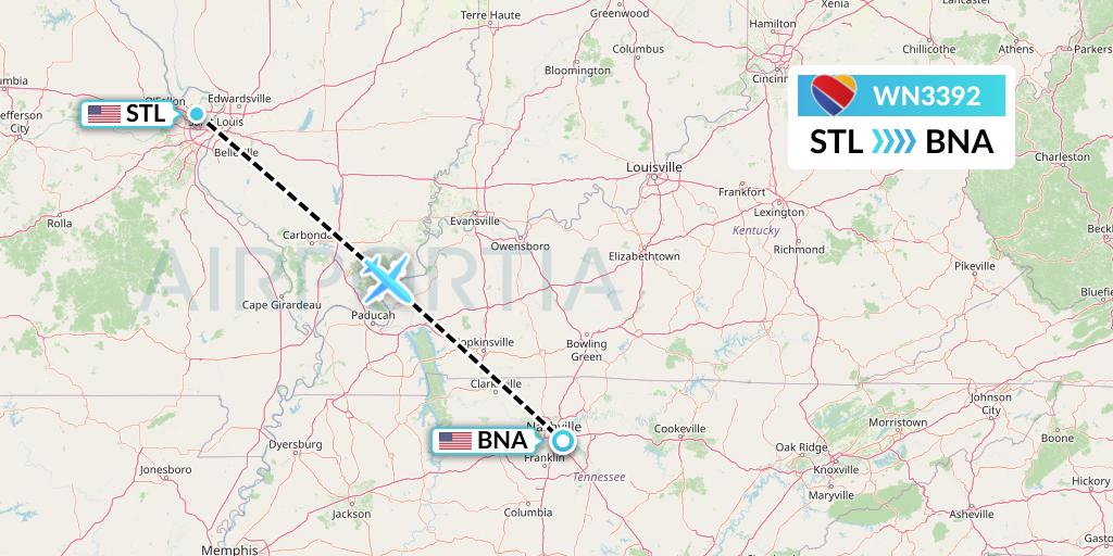 WN3392 Southwest Airlines Flight Map: St. Louis to Nashville