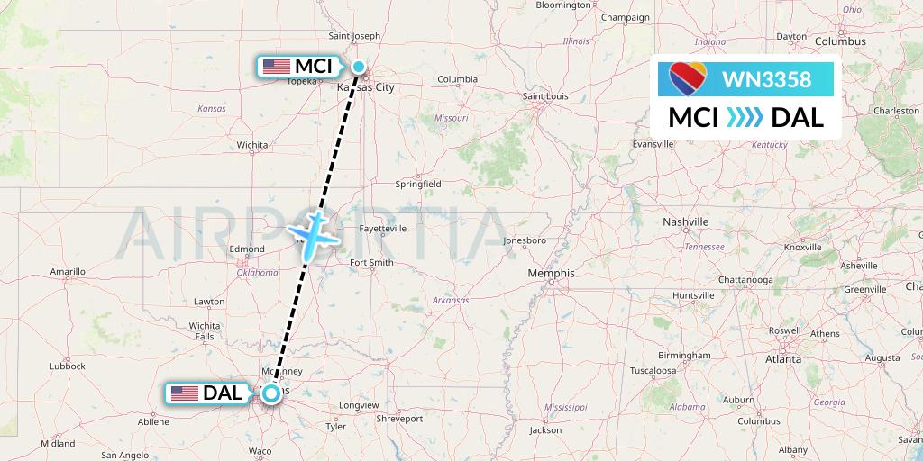 WN3358 Southwest Airlines Flight Map: Kansas City to Dallas