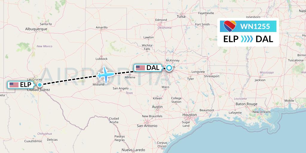 WN1255 Southwest Airlines Flight Map: El Paso to Dallas