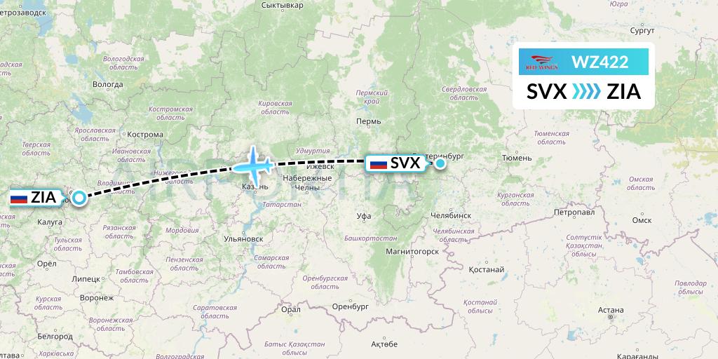 WZ422 Red Wings Flight Map: Yekaterinburg to Moscow