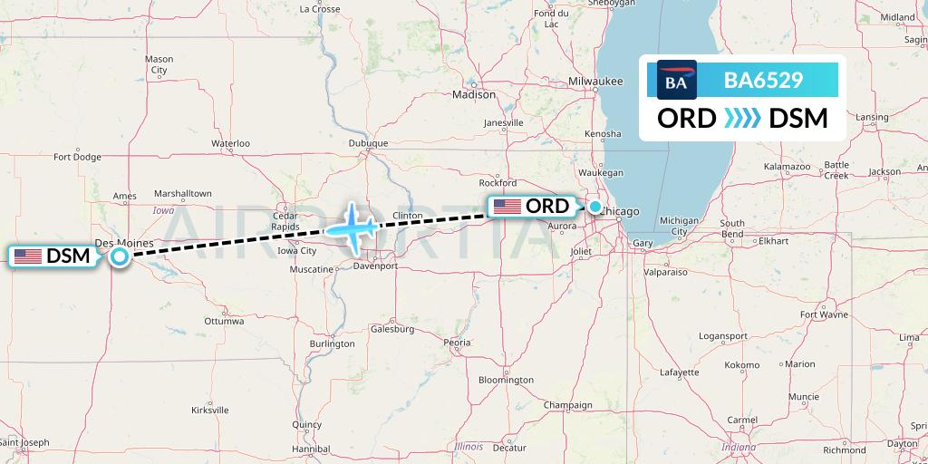 BA6529 British Airways Flight Map: Chicago to Des Moines