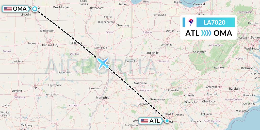 LA7020 LAN Airlines Flight Map: Atlanta to Omaha