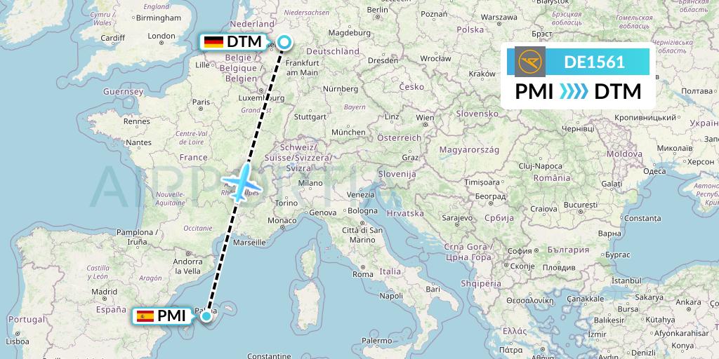 DE1561 Condor Flight Map: Palma de Mallorca to Dortmund