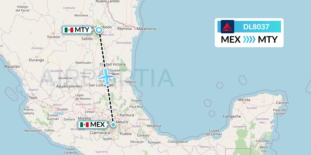 DL8037 Delta Air Lines Flight Map: Mexico City to Monterrey