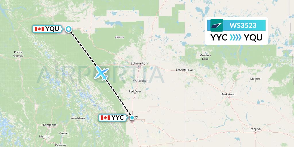 WS3523 WestJet Flight Map: Calgary to Grande Prairie