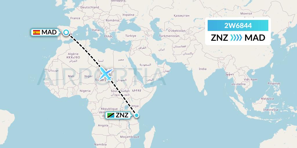 2W6844 World 2 Fly Flight Map: Zanzibar to Madrid