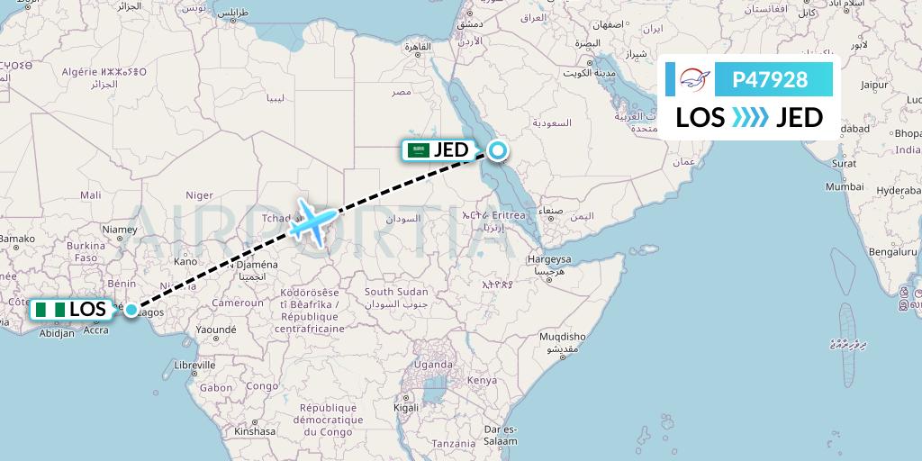 P47928 Air Peace Flight Map: Lagos to Jeddah