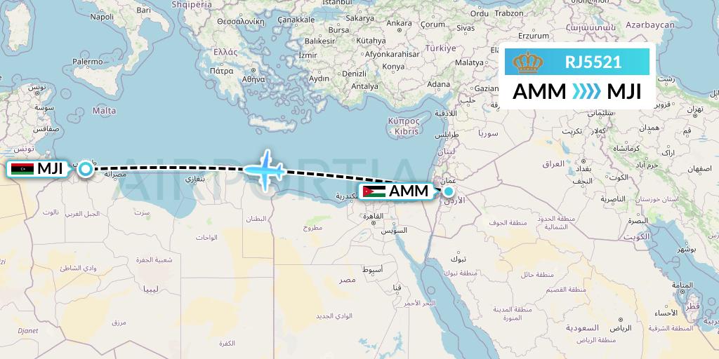 RJ5521 Royal Jordanian Flight Map: Amman to Tripoli
