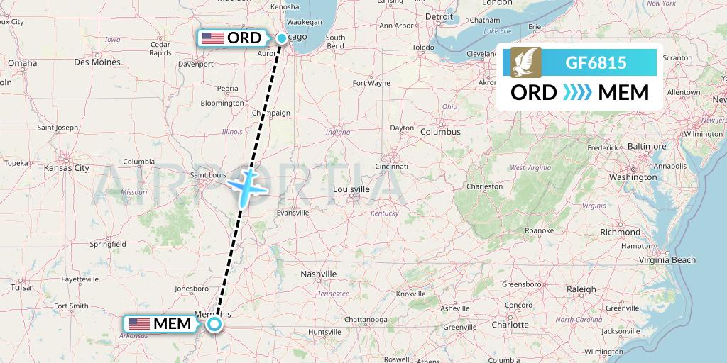 GF6815 Gulf Air Flight Map: Chicago to Memphis
