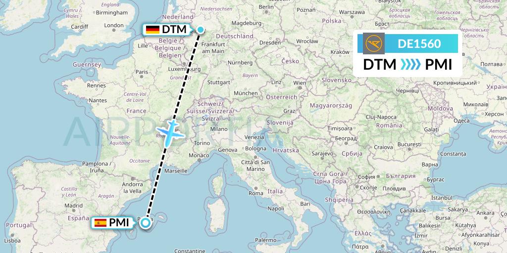 DE1560 Condor Flight Map: Dortmund to Palma de Mallorca