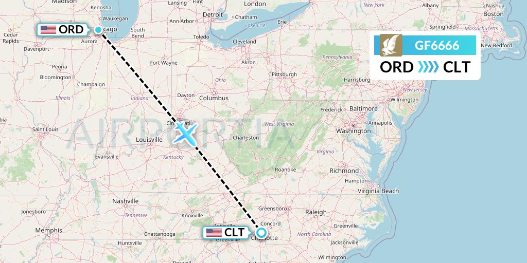 GF6666 Gulf Air Flight Map: Chicago to Charlotte