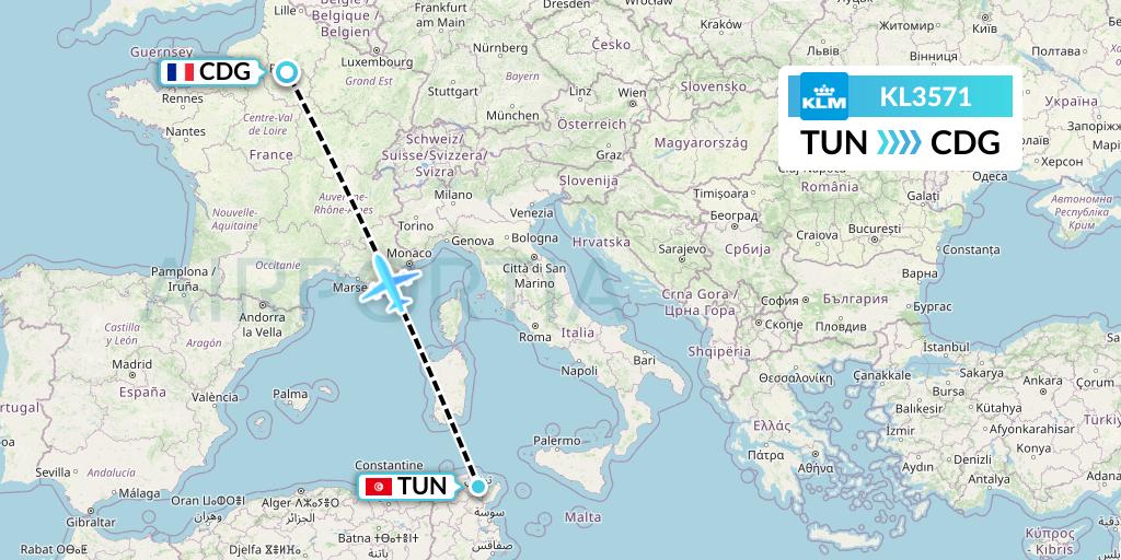 KL3571 KLM Flight Map: Tunis to Paris