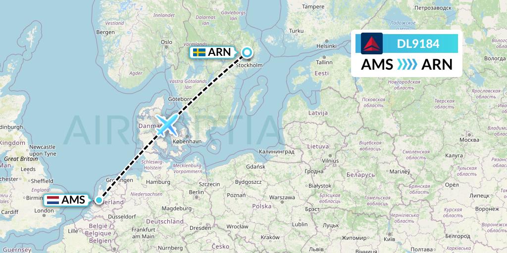 DL9184 Delta Air Lines Flight Map: Amsterdam to Stockholm