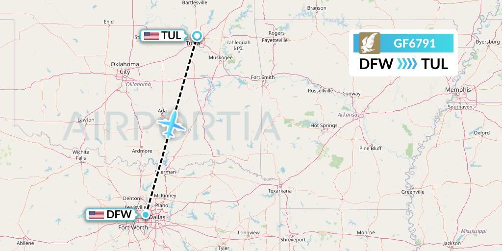 GF6791 Gulf Air Flight Map: Dallas to Tulsa