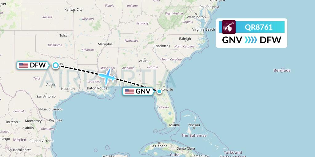 QR8761 Qatar Airways Flight Map: Gainesville to Dallas