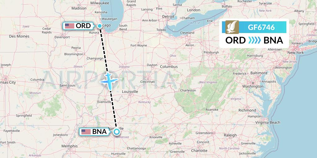 GF6746 Gulf Air Flight Map: Chicago to Nashville