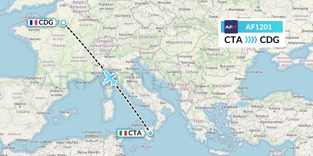 AF1201 Air France Flight Map: Catania to Paris