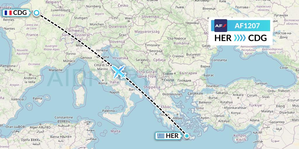 AF1207 Air France Flight Map: Heraklion to Paris