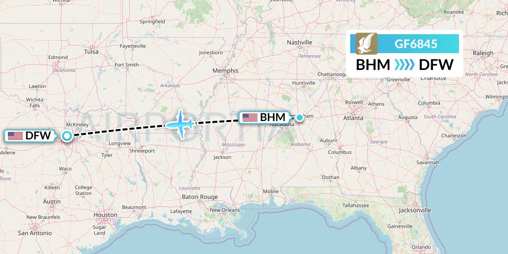 GF6845 Gulf Air Flight Map: Birmingham to Dallas
