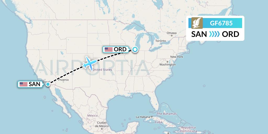 GF6785 Gulf Air Flight Map: San Diego to Chicago