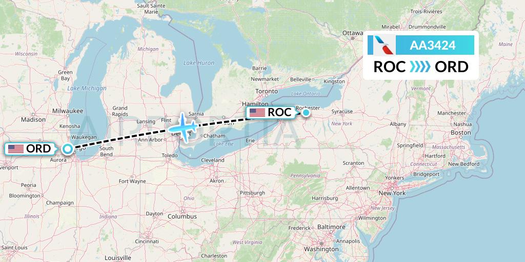 AA3424 American Airlines Flight Map: Rochester to Chicago
