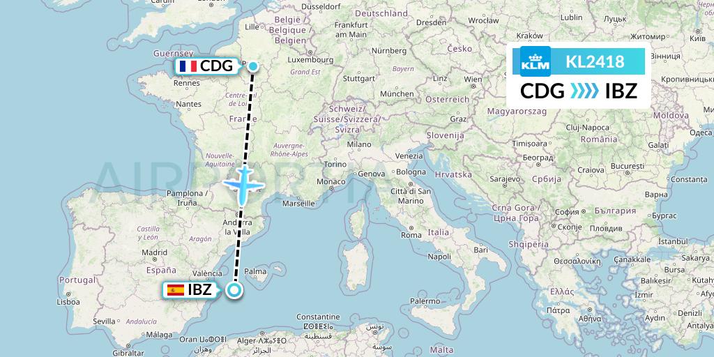 KL2418 KLM Flight Map: Paris to Ibiza