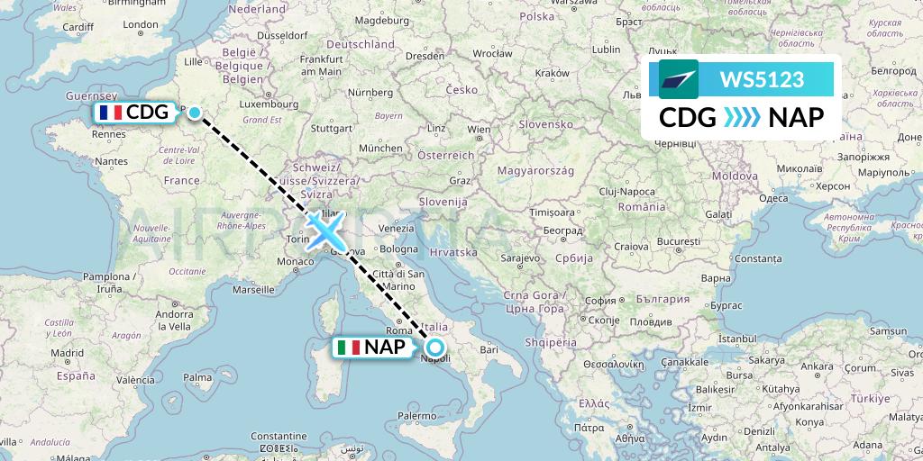 WS5123 WestJet Flight Map: Paris to Naples