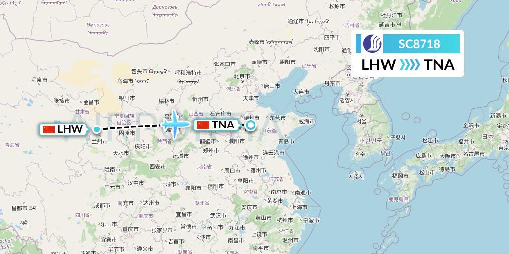SC8718 Shandong Airlines Flight Map: Lanzhou to Jinan