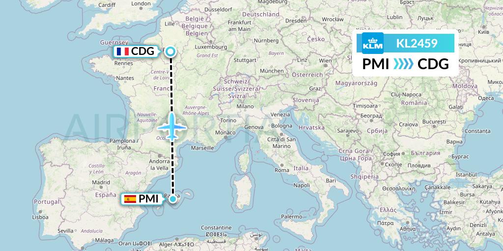 KL2459 KLM Flight Map: Palma de Mallorca to Paris