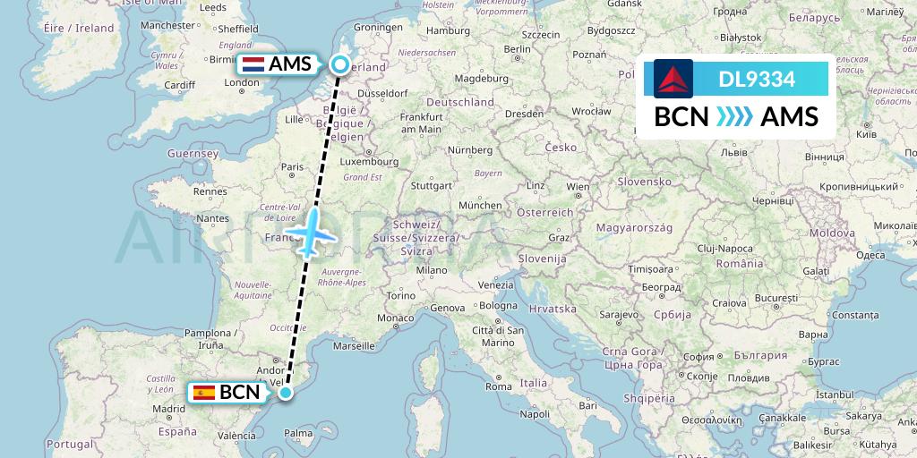DL9334 Delta Air Lines Flight Map: Barcelona to Amsterdam