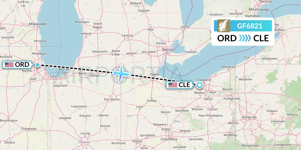 GF6821 Gulf Air Flight Map: Chicago to Cleveland