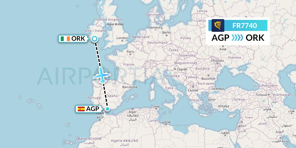 FR7740 Ryanair Flight Map: Malaga to Cork